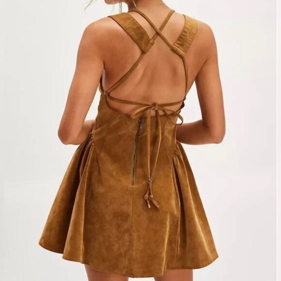 Free People Suede Vera Mini Dress Women's Size XS/S Brown Soft Fall Backless - Picture 2 of 7